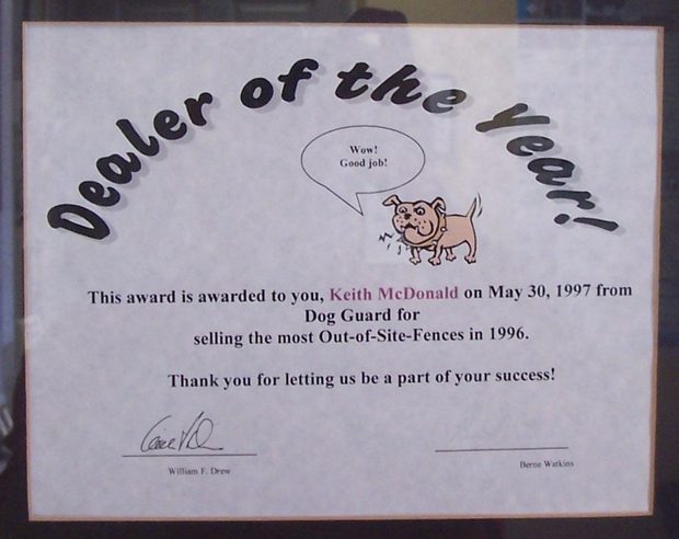 Dog Guard Dealer of the Year award for selling the most systems nationally in 1996