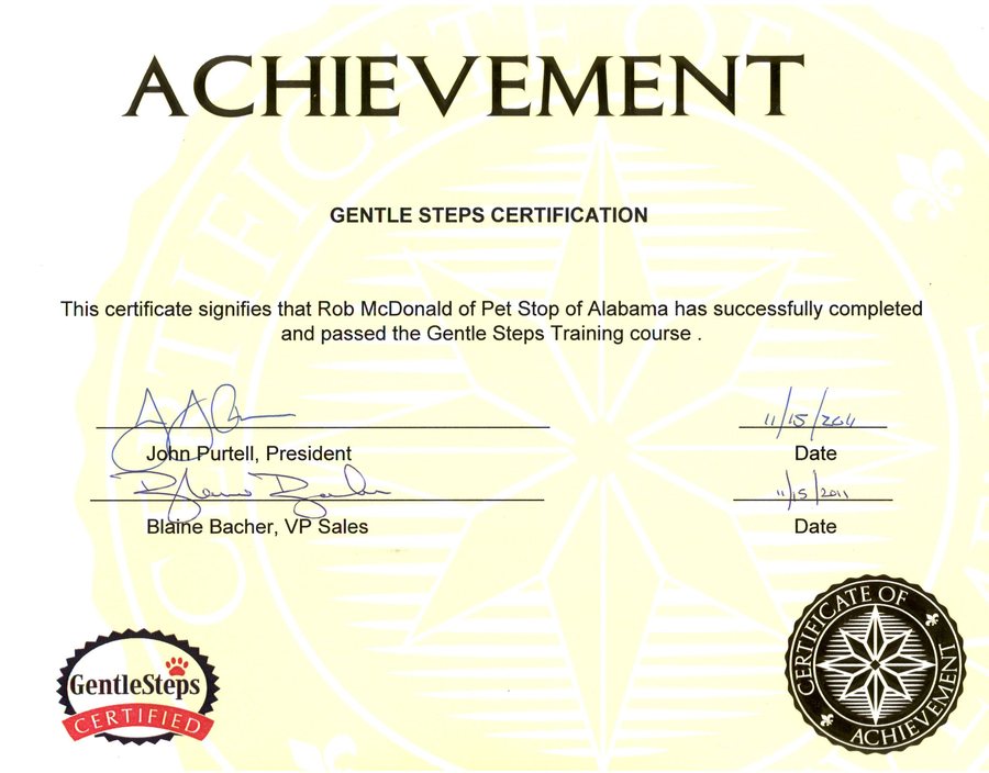 GentleSteps training certification for Rob McDonald signed by John Purtell, President