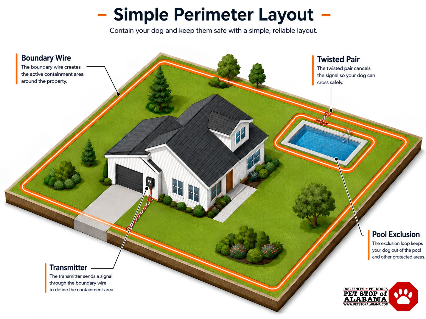 Diagram of a simple electric dog fence perimeter layout showing the transmitter in the garage, twisted pair lead-in, boundary wire around the property, and an exclusion loop around the pool