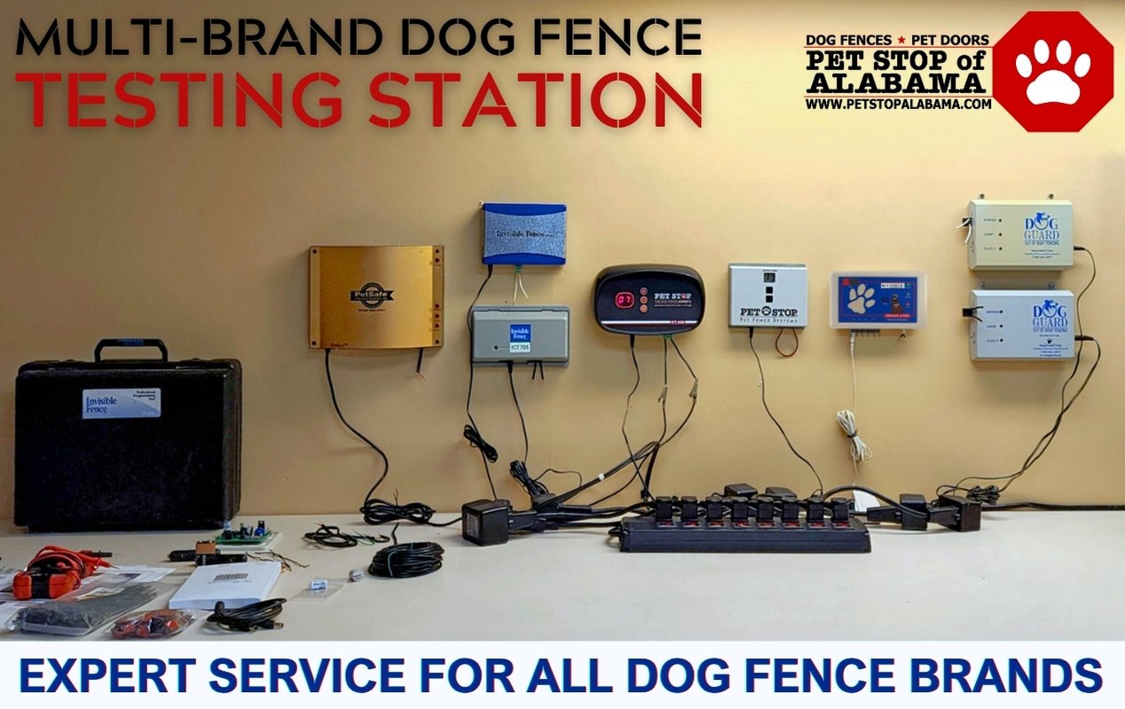 Bench of wall-mounted dog fence transmitters from several brands, wired to a switched power strip for testing