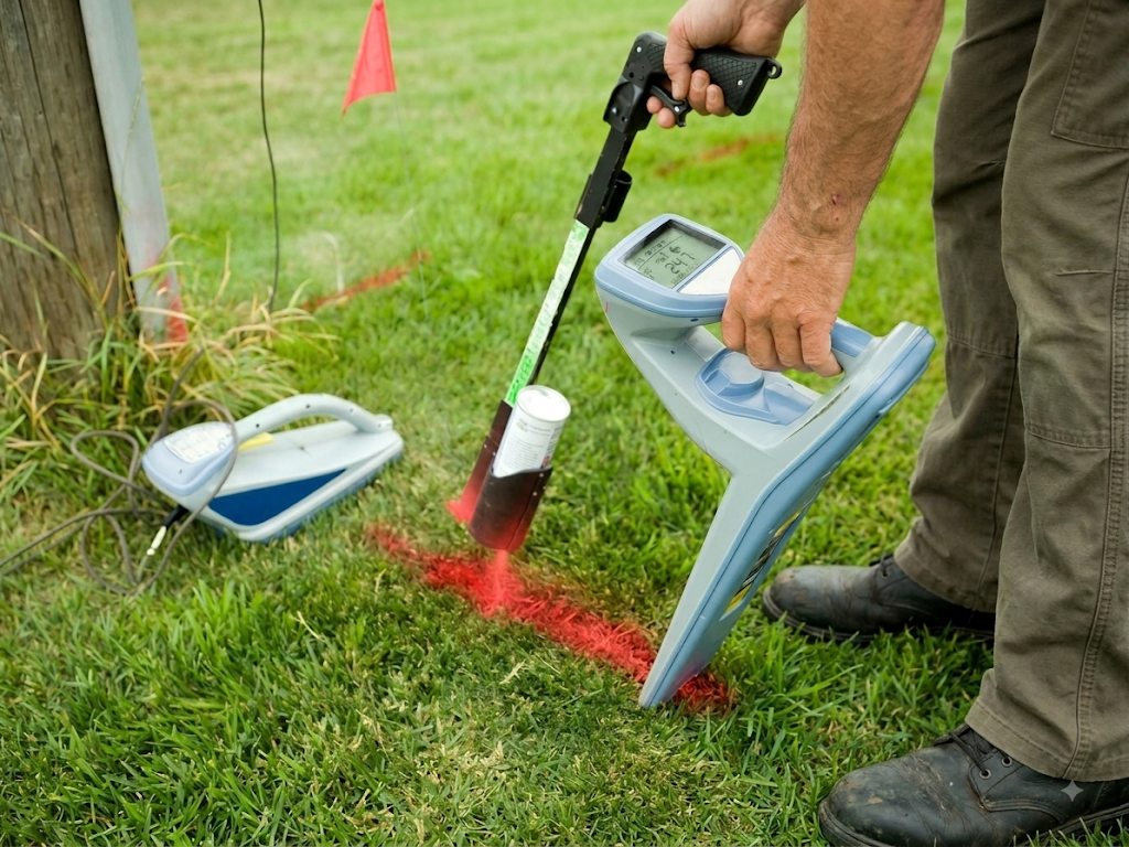A utility locating technician using detection equipment to trace a buried line, marking its path in red paint